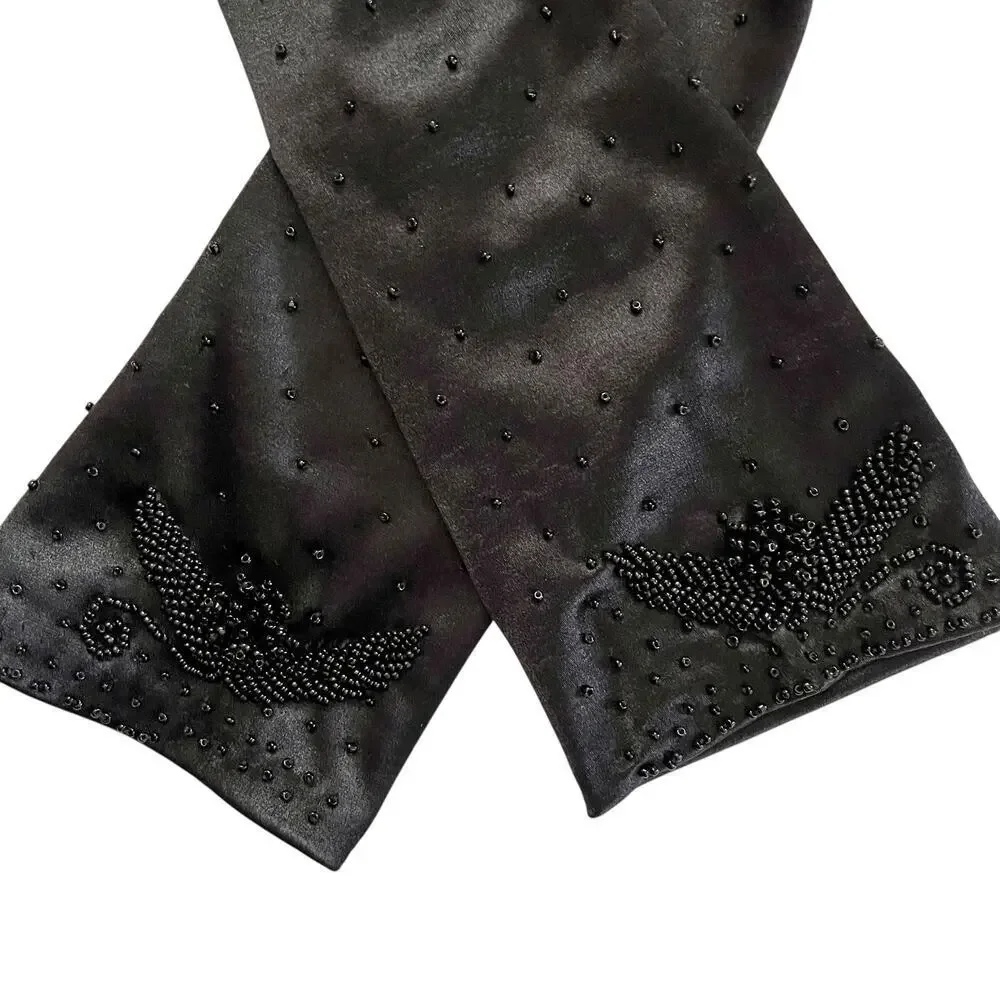 Vintage Beaded Black Satin Upper Forearm Long Formal Evening Gloves Size S/M
